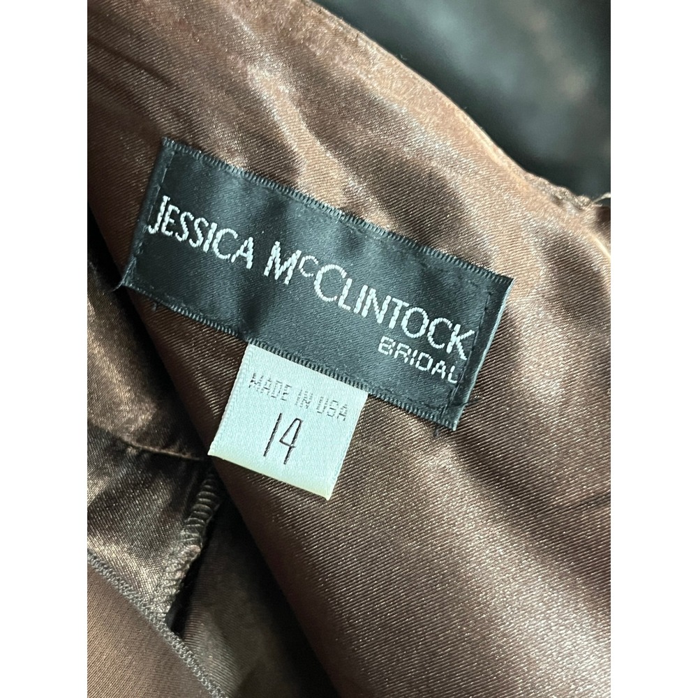 VTG Jessica McClintock Bridal‎ Halter Maxi Dress Brown Satin Trim Formal Size 14 - Picture 9 of 11